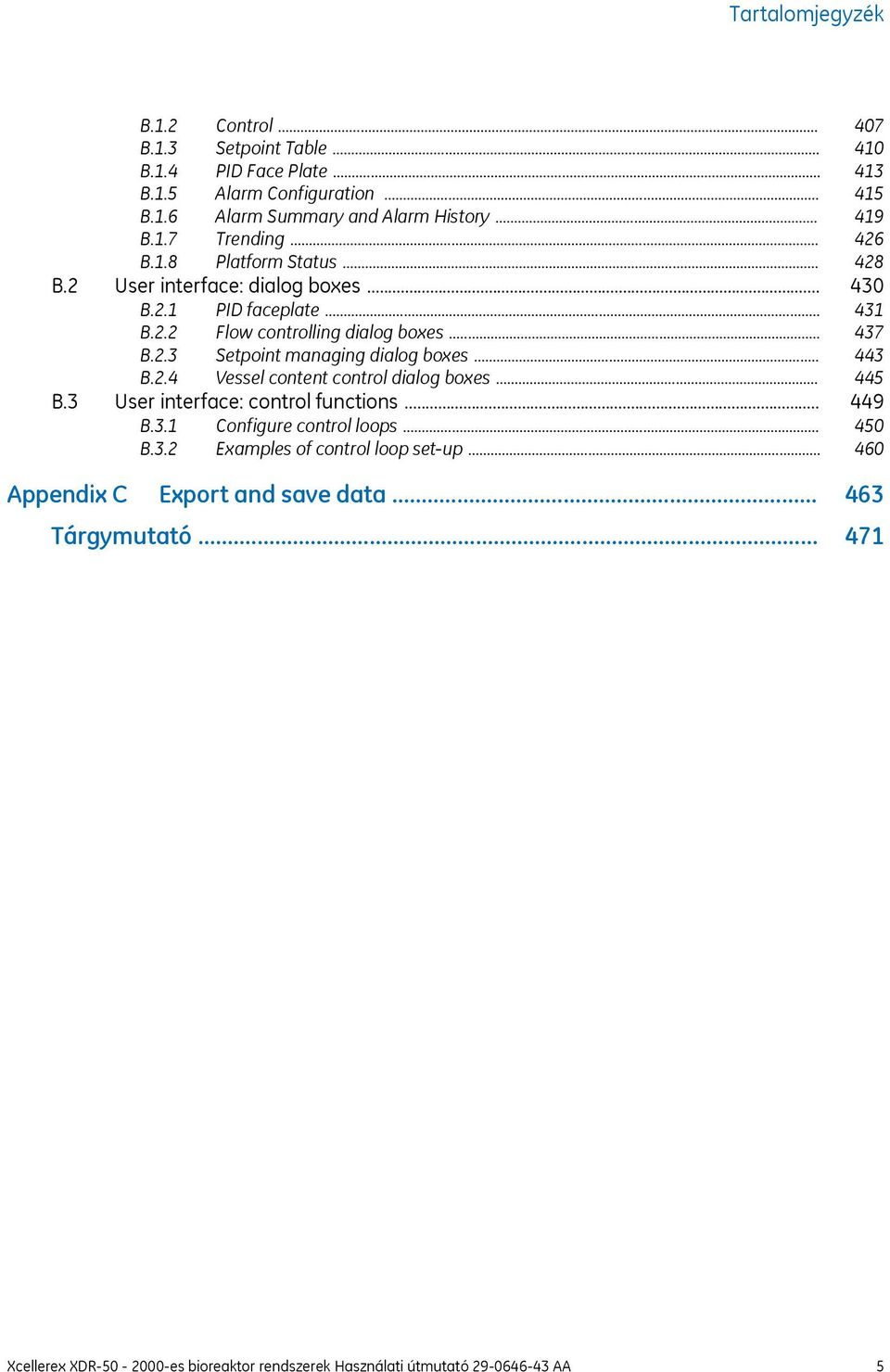 .. B.3 User interface: control functions... B.3.1 Configure control loops... B.3.2 Examples of control loop set-up... Appendix C Export and save data... Tárgymutató.