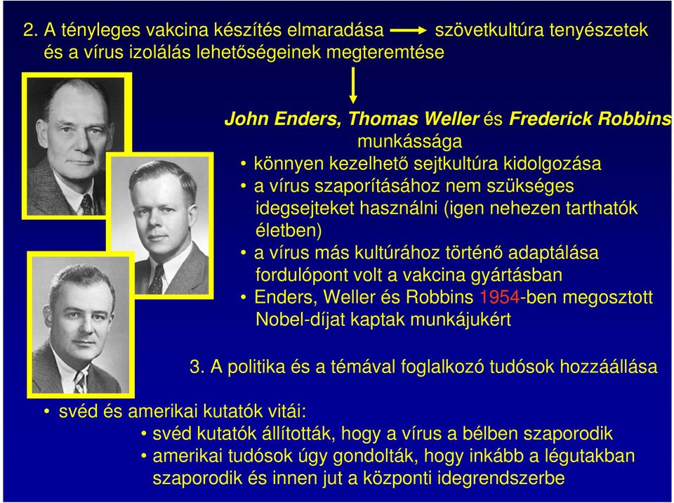 fordulópont volt a vakcina gyártásban Enders, Weller és Robbins 1954-ben megosztott Nobel-díjat kaptak munkájukért 3.