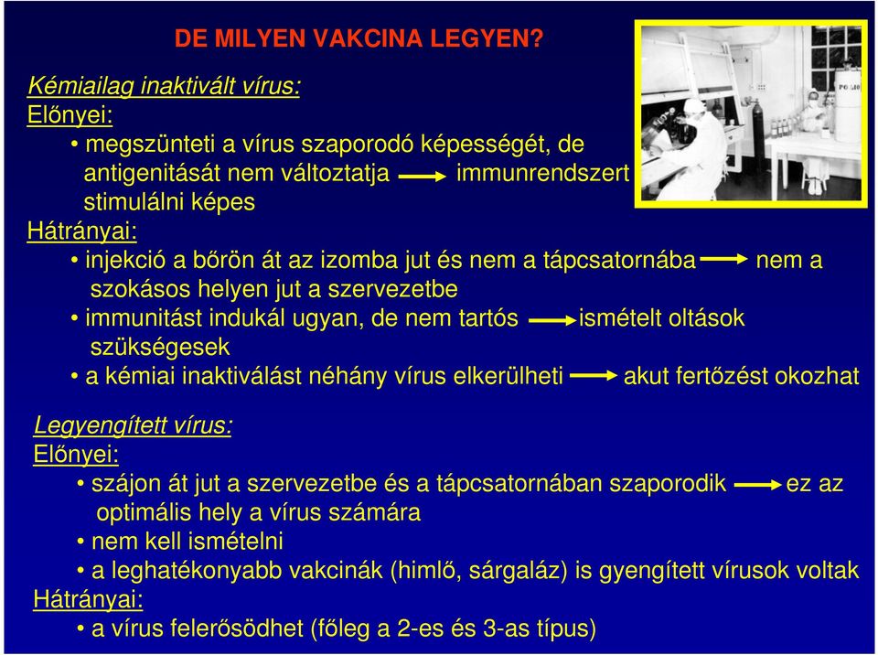 át az izomba jut és nem a tápcsatornába nem a szokásos helyen jut a szervezetbe immunitást indukál ugyan, de nem tartós ismételt oltások szükségesek a kémiai inaktiválást