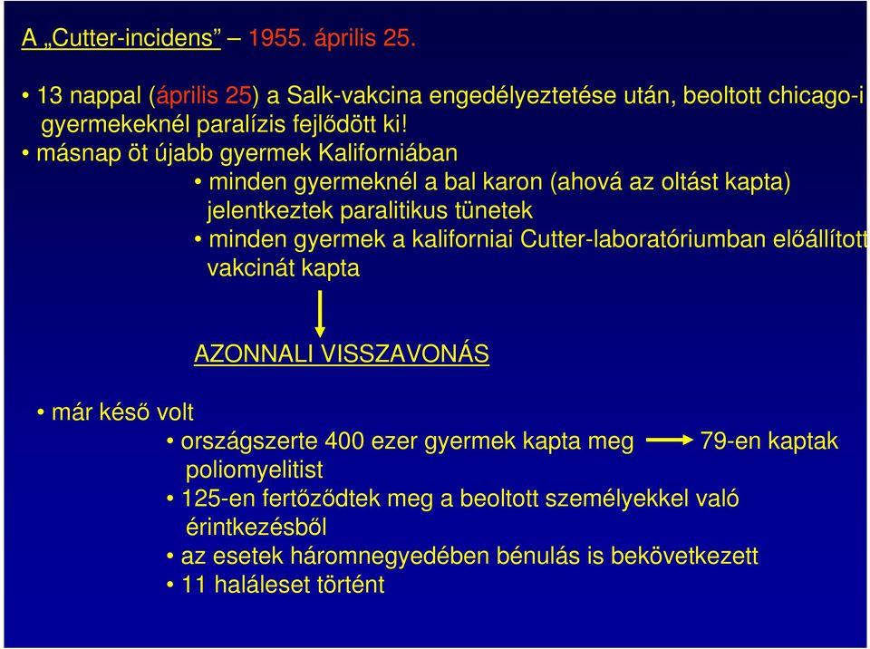 másnap öt újabb gyermek Kaliforniában minden gyermeknél a bal karon (ahová az oltást kapta) jelentkeztek paralitikus tünetek minden gyermek a