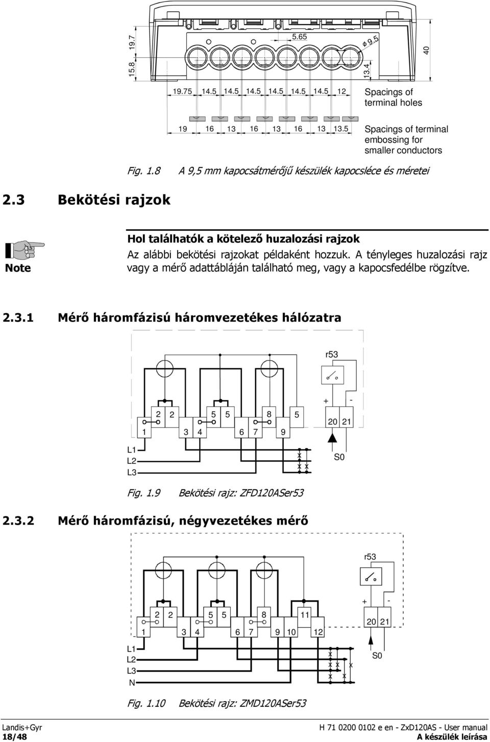 A tényleges huzalozási rajz vagy a mérő adattábláján található meg, vagy a kapocsfedélbe rögzítve. 2.3.