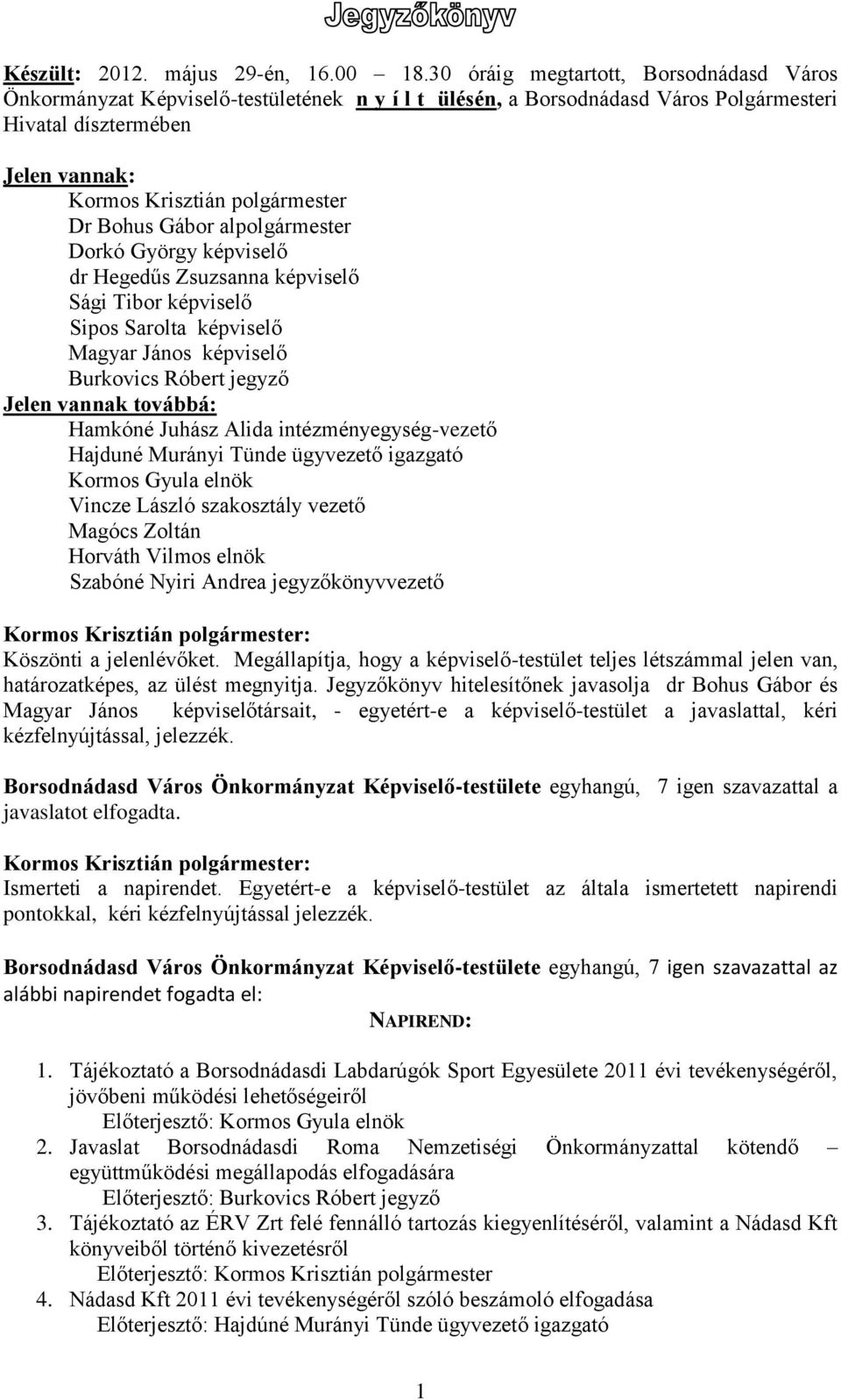 Bohus Gábor alpolgármester Dorkó György képviselő dr Hegedűs Zsuzsanna képviselő Sági Tibor képviselő Sipos Sarolta képviselő Magyar János képviselő Burkovics Róbert jegyző Jelen vannak továbbá: