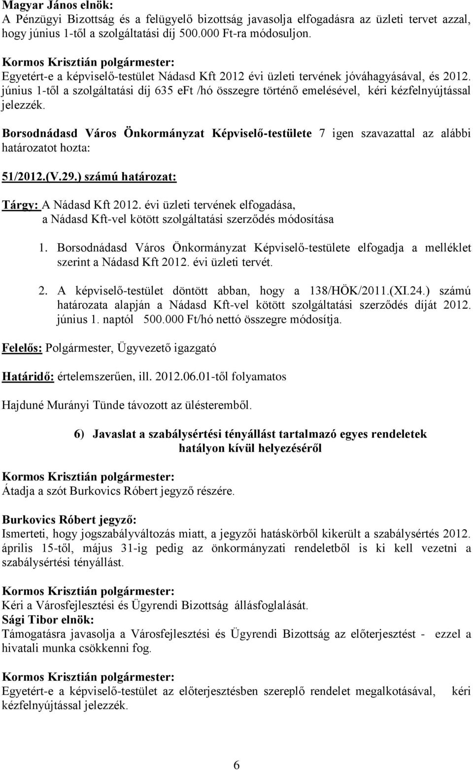 51/2012.(V.29.) számú határozat: Tárgy: A Nádasd Kft 2012. évi üzleti tervének elfogadása, a Nádasd Kft-vel kötött szolgáltatási szerződés módosítása 1.