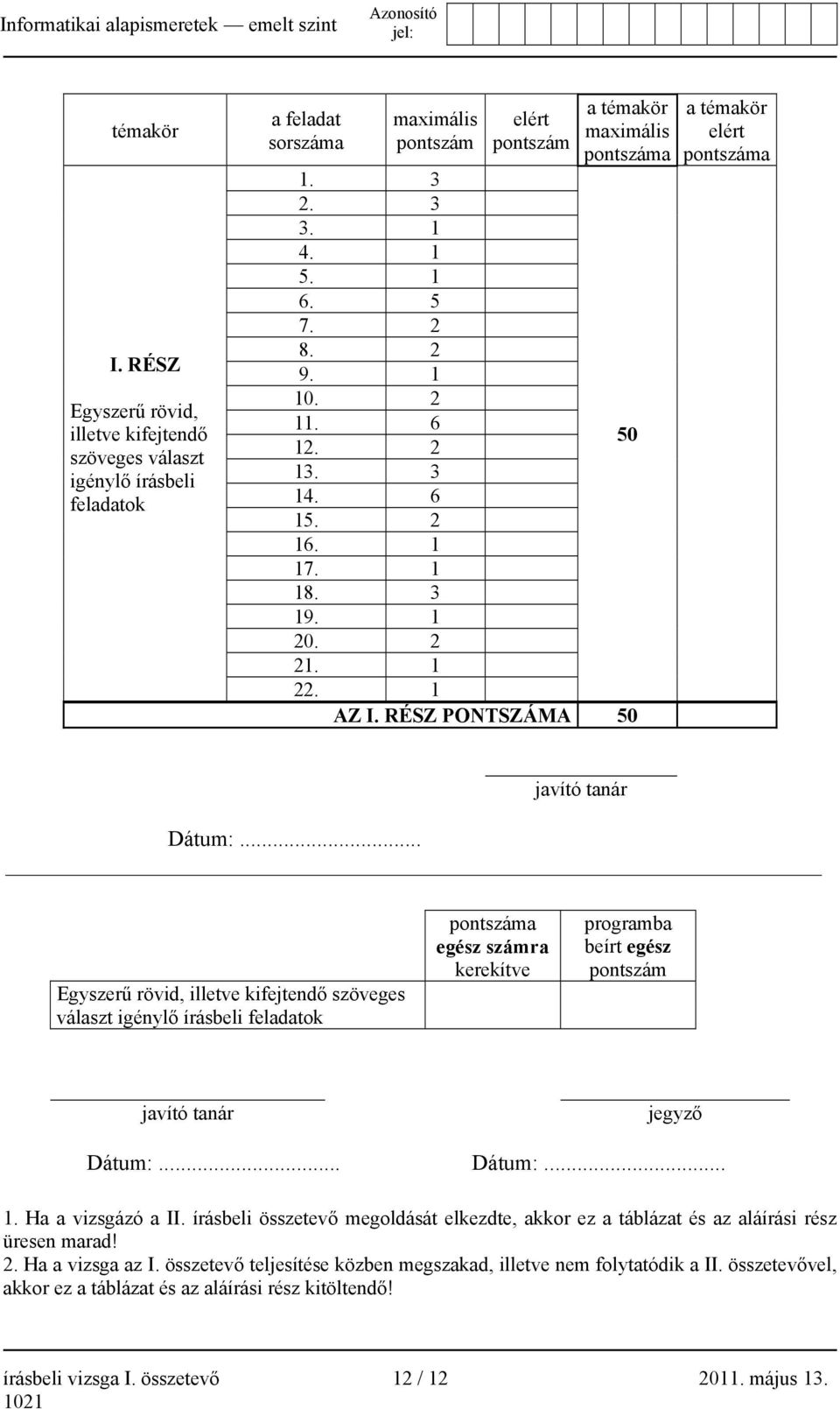 .. Egyszerű rövid, illetve kifejtendő szöveges választ igénylő írásbeli feladatok pontszáma egész számra kerekítve programba beírt egész pontszám javító tanár jegyző Dátum:... Dátum:... 1.