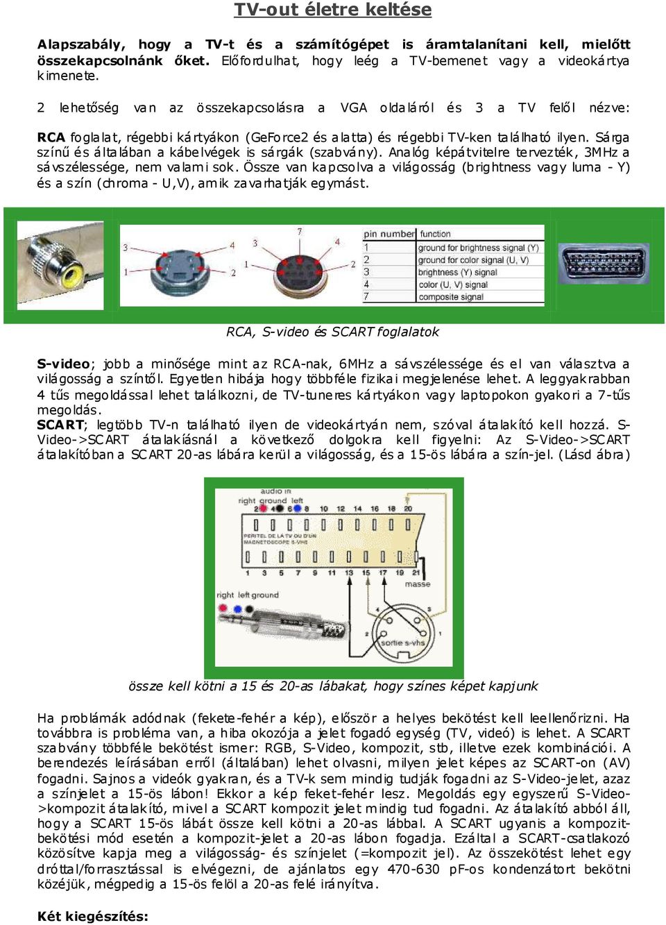 Sárga színő és általában a kábelvégek is sárgák (szabvány). Analóg képátvitelre tervezték, 3MHz a sávszélessége, nem valami sok.