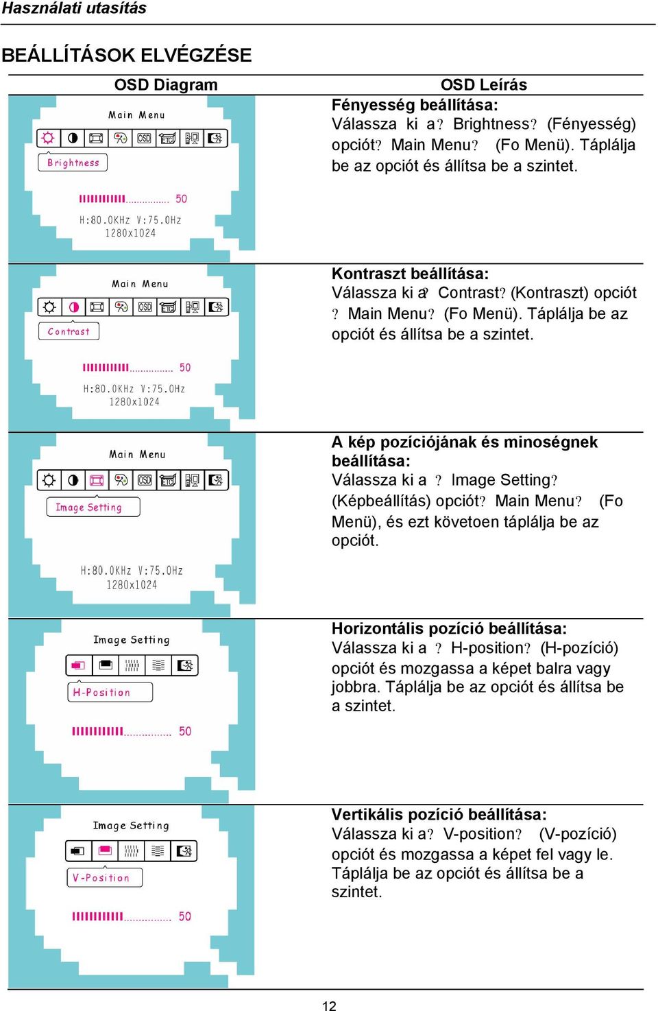 Image Setting? (Képbeállítás) opciót? Main Menu? (Fo Menü), és ezt követoen táplálja be az opciót. Horizontális pozíció beállítása: Válassza ki a? H-position?