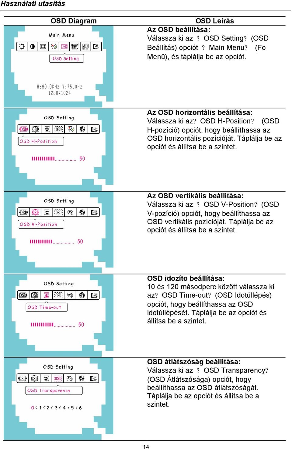 (OSD V-pozíció) opciót, hogy beállíthassa az OSD vertikális pozícióját. Táplálja be az opciót és állítsa be a szintet. OSD idozíto beállítása: 10 és 120 másodperc között válassza ki az? OSD Time-out?