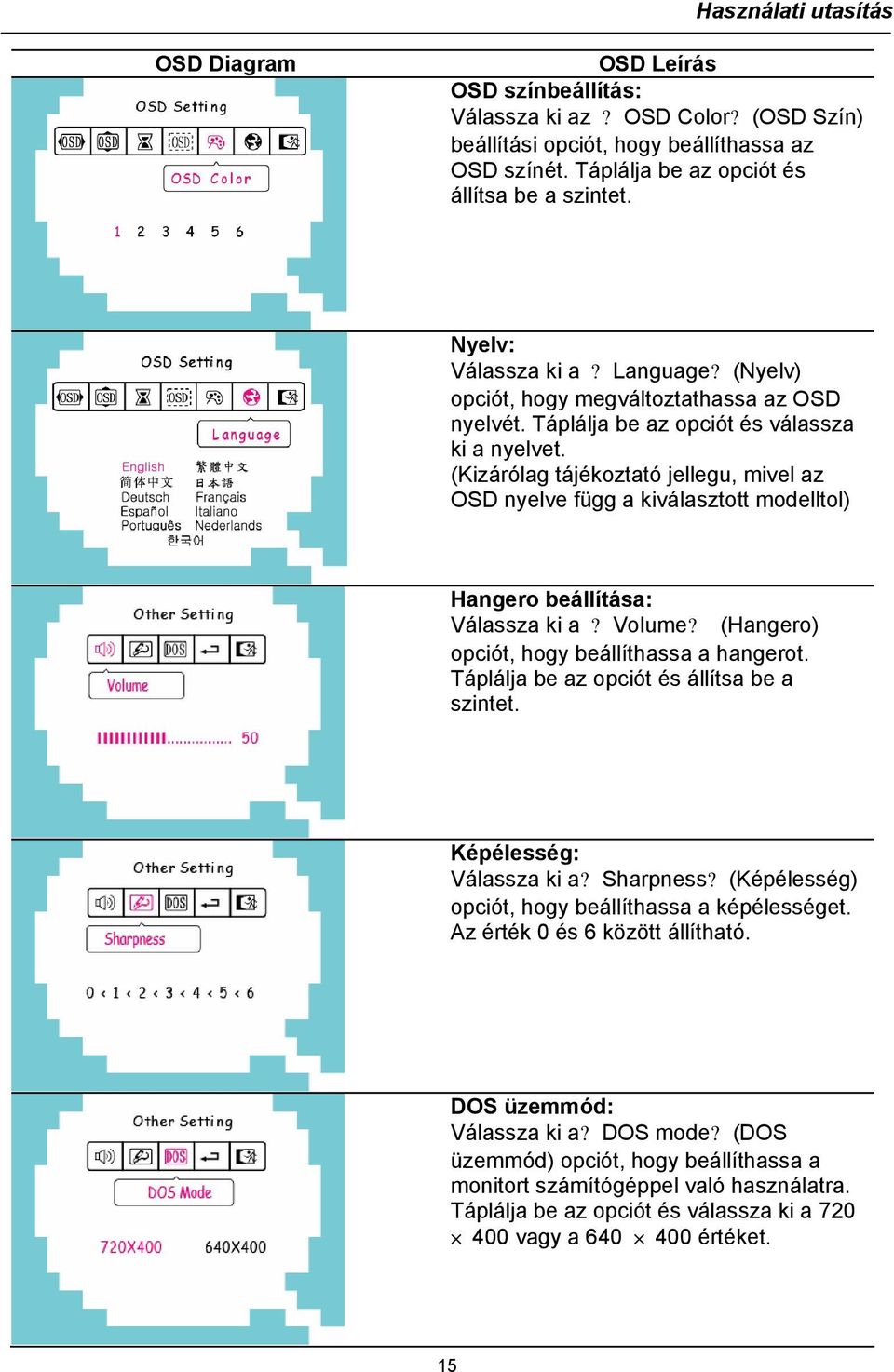 (Kizárólag tájékoztató jellegu, mivel az OSD nyelve függ a kiválasztott modelltol) Hangero beállítása: Válassza ki a? Volume? (Hangero) opciót, hogy beállíthassa a hangerot.