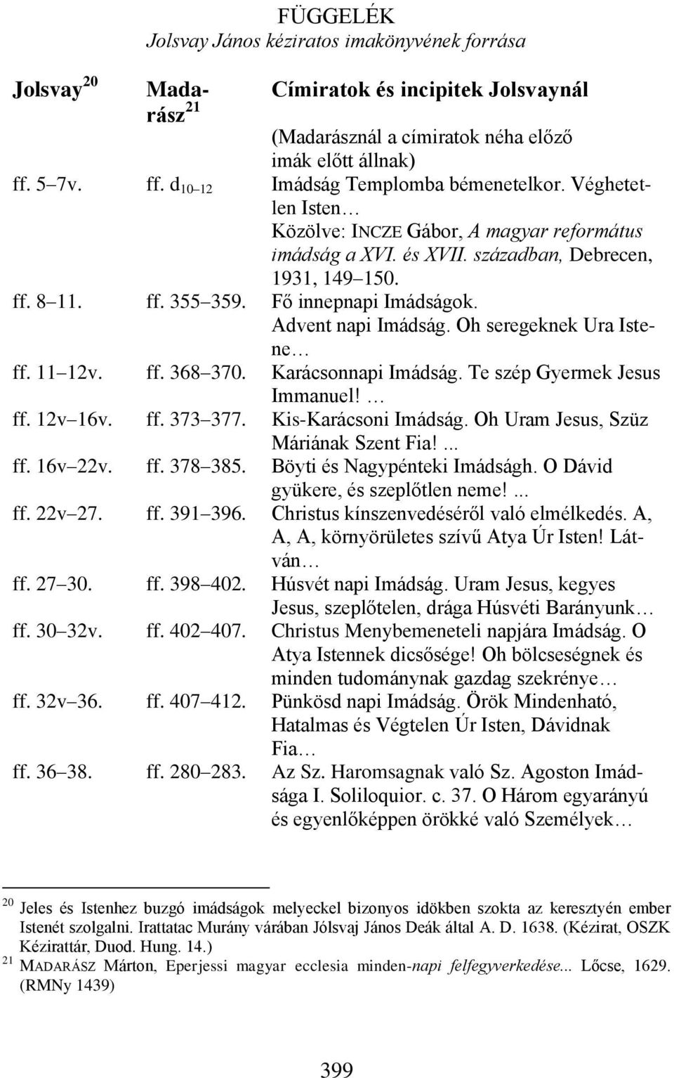 Fő innepnapi Imádságok. Advent napi Imádság. Oh seregeknek Ura Istene ff. 11 12v. ff. 368 370. Karácsonnapi Imádság. Te szép Gyermek Jesus Immanuel! ff. 12v 16v. ff. 373 377. Kis-Karácsoni Imádság.