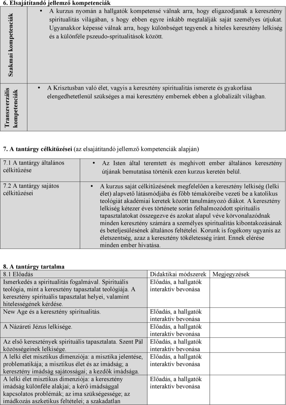 Szakmai kompetenciák Transzverzális kompetenciák A Krisztusban való élet, vagyis a keresztény spiritualitás ismerete és gyakorlása elengedhetetlenül szükséges a mai keresztény embernek ebben a