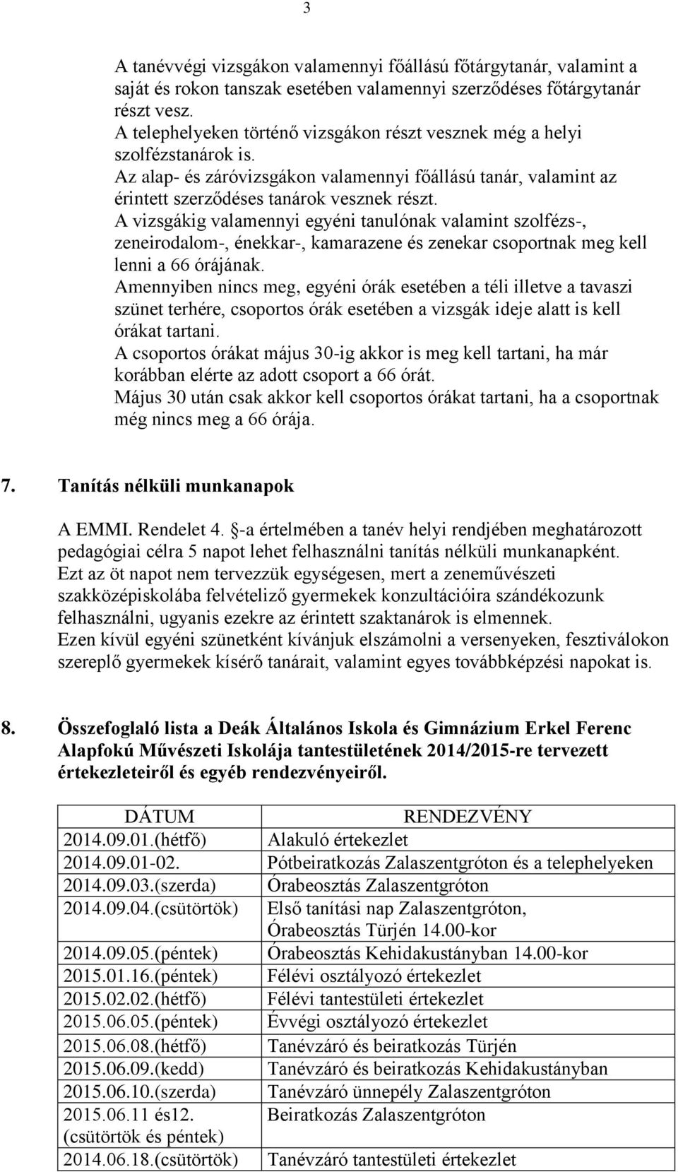 A vizsgákig valamennyi egyéni tanulónak valamint szolfézs-, zeneirodalom-, énekkar-, kamarazene és zenekar csoportnak meg kell lenni a 66 órájának.