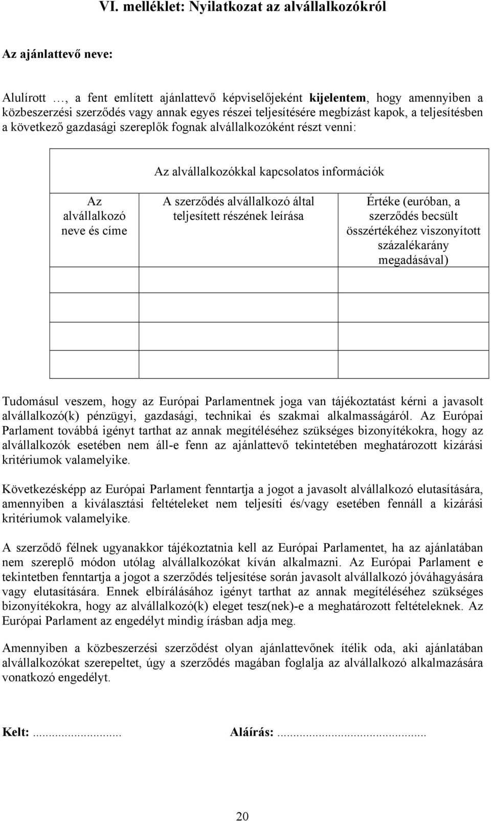 szerződés alvállalkozó által teljesített részének leírása Értéke (euróban, a szerződés becsült összértékéhez viszonyított százalékarány megadásával) Tudomásul veszem, hogy az Európai Parlamentnek