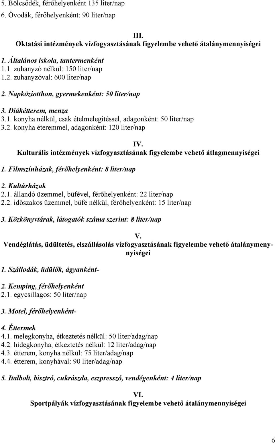 2. konyha éteremmel, adagonként: 120 liter/nap IV. Kulturális intézmények vízfogyasztásának figyelembe vehető átlagmennyiségei 1. Filmszínházak, férőhelyenként: 8 liter/nap 2. Kultúrházak 2.1. állandó üzemmel, büfével, férőhelyenként: 22 liter/nap 2.