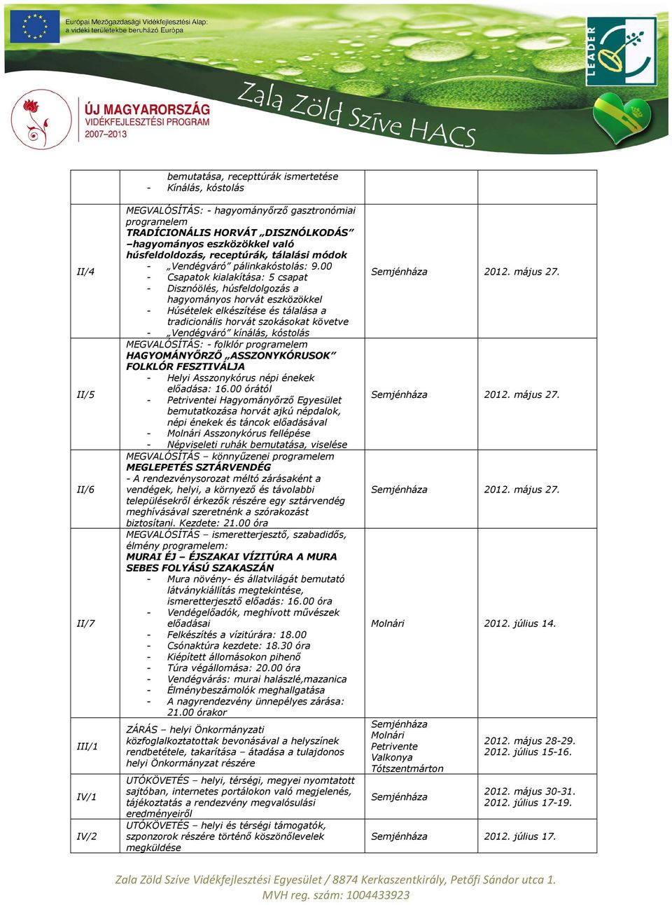 00 - Csapatok kialakítása: 5 csapat - Disznóölés, húsfeldolgozás a horvát eszközökkel - Húsételek elkészítése és tálalása a tradicionális horvát szokásokat követve - Vendégváró kínálás, kóstolás