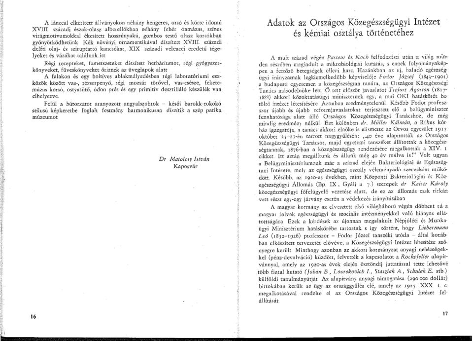 Régi recepteket, fametszeteket díszített herbáriumot, régi gyógyszerkönyveket, füveskönyveket őriznek az üveglapok alatt A falakon és egy boltíves ablakmélyedésben régi laboratóriumi eszközök között