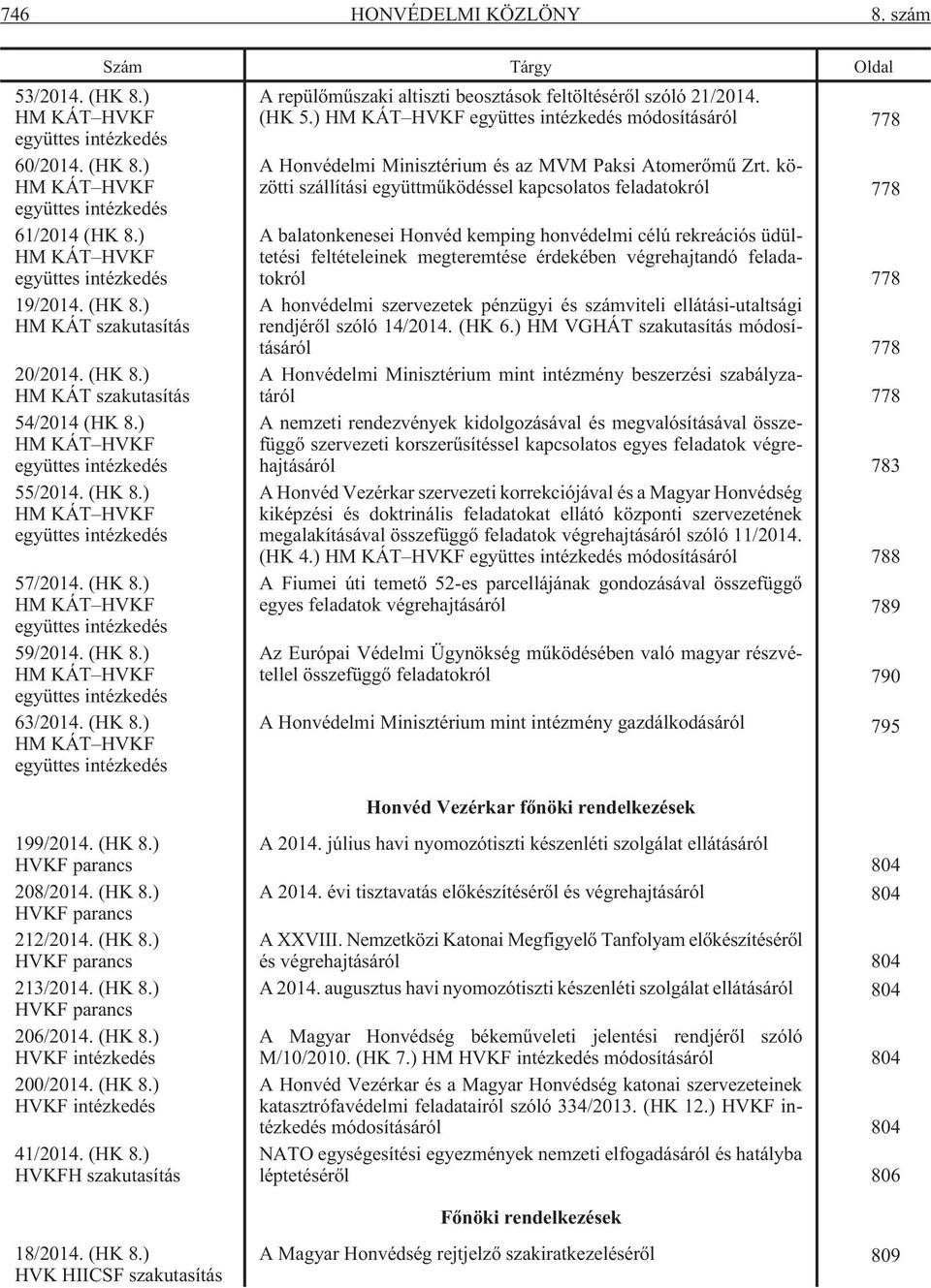 (HK 8.) HM KÁT HVKF együttes intézkedés 59/2014. (HK 8.) HM KÁT HVKF együttes intézkedés 63/2014. (HK 8.) HM KÁT HVKF együttes intézkedés A repülõmûszaki altiszti beosztások feltöltésérõl szóló 21/2014.