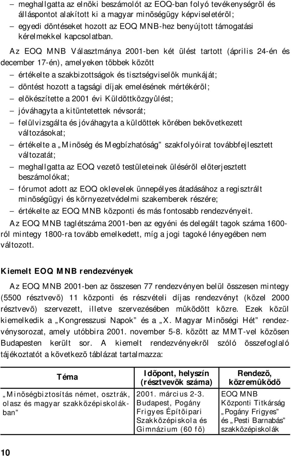 Az EOQ MNB Választmánya 2001-ben két ülést tartott (április 24-én és december 17-én), amelyeken többek között értékelte a szakbizottságok és tisztségviselõk munkáját; döntést hozott a tagsági díjak