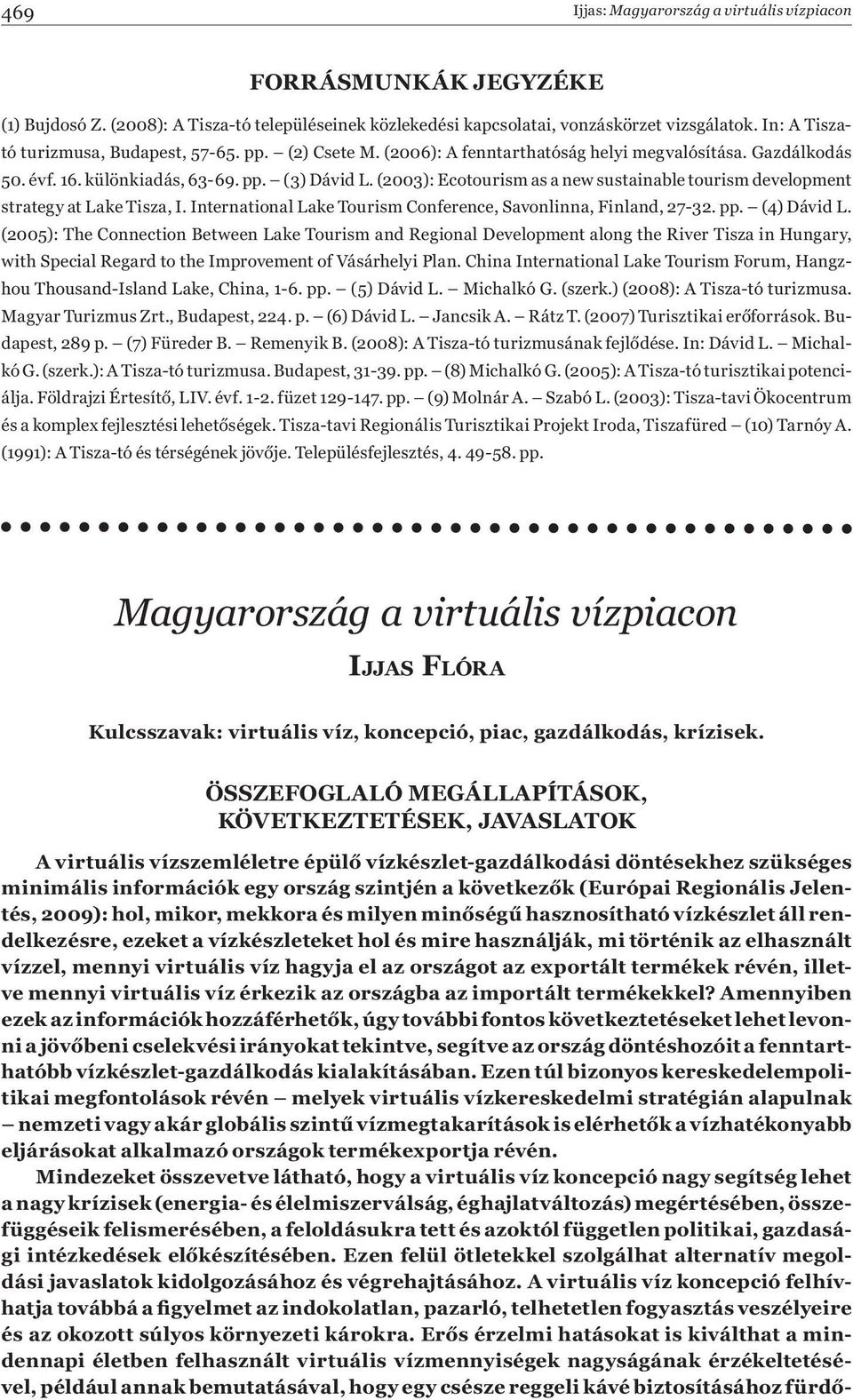 (2003): Ecotourism as a new sustainable tourism development strategy at Lake Tisza, I. International Lake Tourism Conference, Savonlinna, Finland, 27-32. pp. (4) Dávid L.