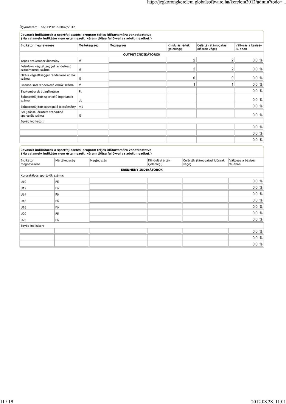 Licence-szel rendelkező edzők száma Szakemberek átlagfizetése Épített/felújított sportcélú ingatlanok száma Épített/felújított kiszolgáló létesítmény Felújítással érintett szabadidő sportolók száma