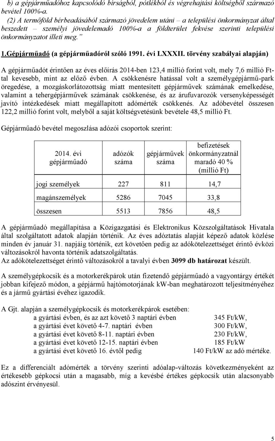 évi LXXXII. törvény szabályai alapján) A gépjárműadót érintően az éves előírás 2014-ben 123,4 millió forint volt, mely 7,6 millió Fttal kevesebb, mint az előző évben.