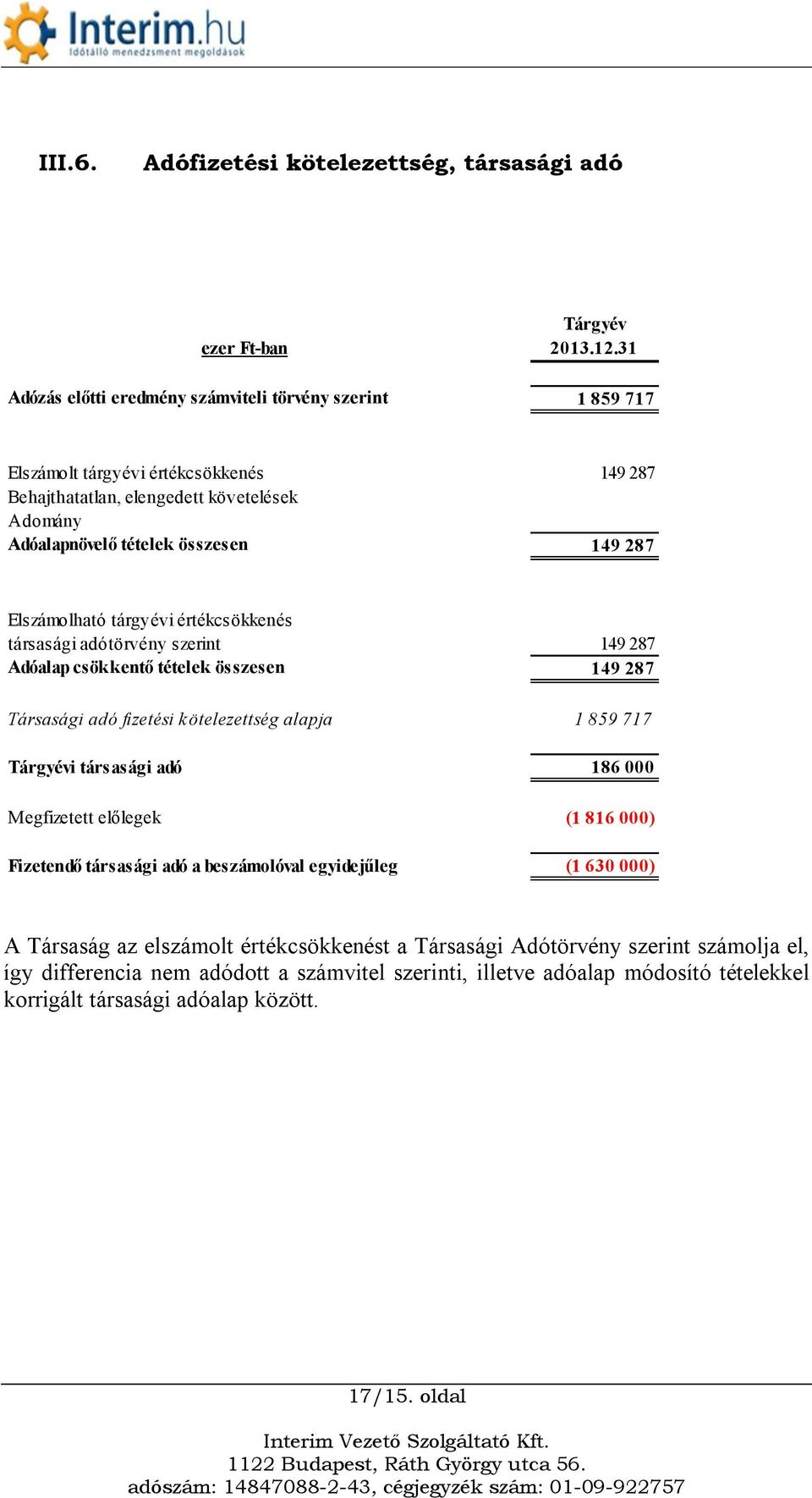 Adomány Adóalapnövelő tételek összesen 149 287 Elszámolható tárgyévi értékcsökkenés társasági adótörvény szerint 149 287 Adóalap csökkentő tételek összesen 149 287 Társasági adó fizetési