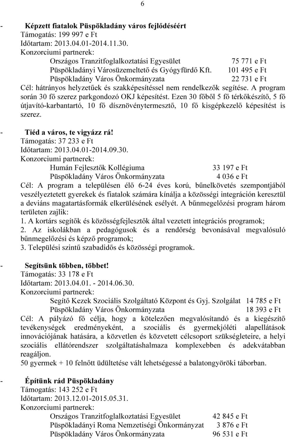 101 495 e Ft Püspökladány Város Önkormányzata 22 731 e Ft Cél: hátrányos helyzetűek és szakképesítéssel nem rendelkezők segítése. A program során 30 fő szerez parkgondozó OKJ képesítést.