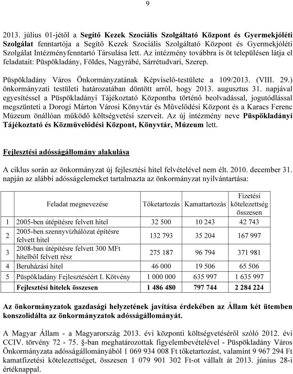 Társulása lett. Az intézmény továbbra is öt településen látja el feladatait: Püspökladány, Földes, Nagyrábé, Sárrétudvari, Szerep. Püspökladány Város Önkormányzatának Képviselő-testülete a 109/2013.