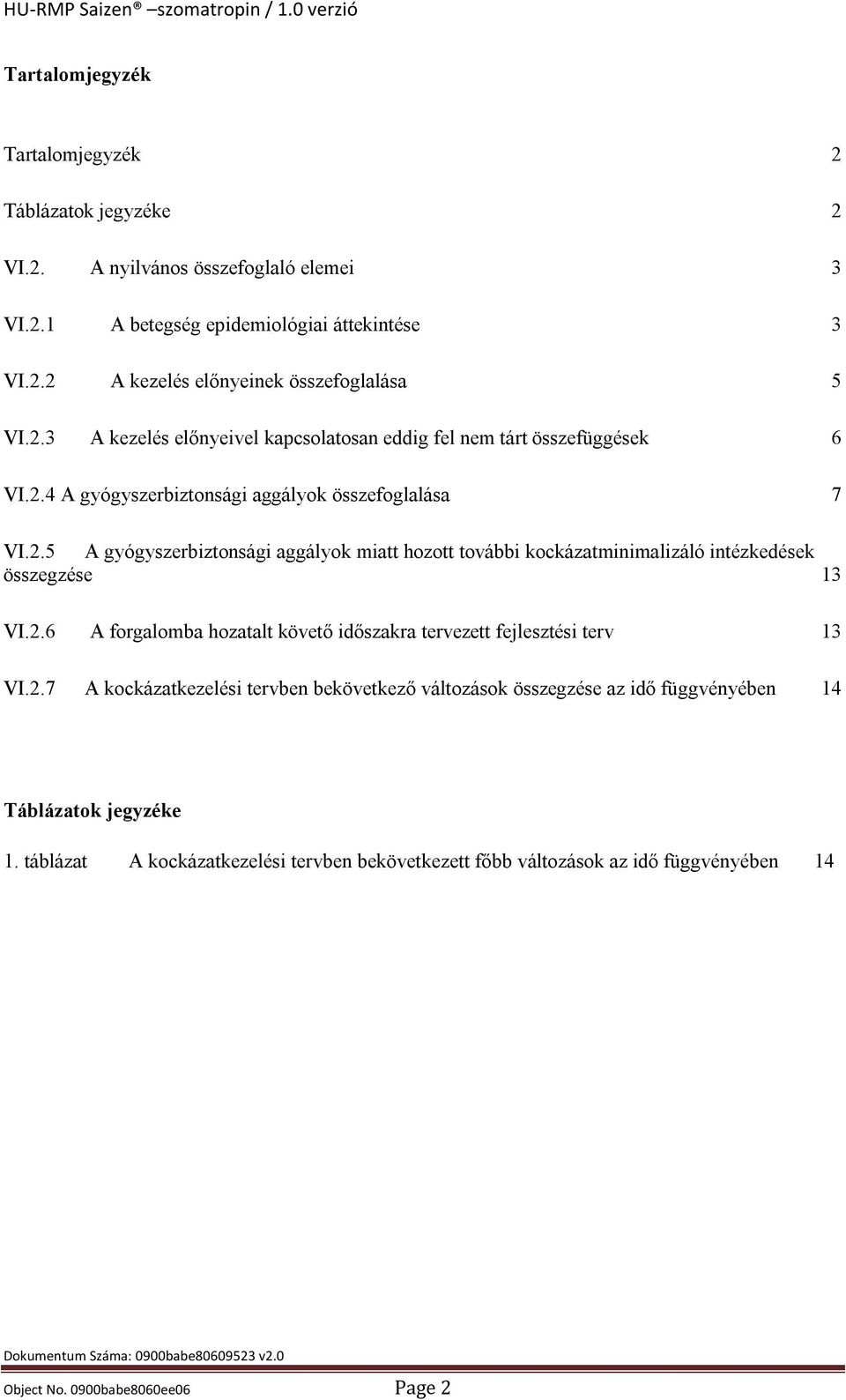 2.6 A forgalomba hozatalt követő időszakra tervezett fejlesztési terv 13 VI.2.7 A kockázatkezelési tervben bekövetkező változások összegzése az idő függvényében 14 Táblázatok jegyzéke 1.