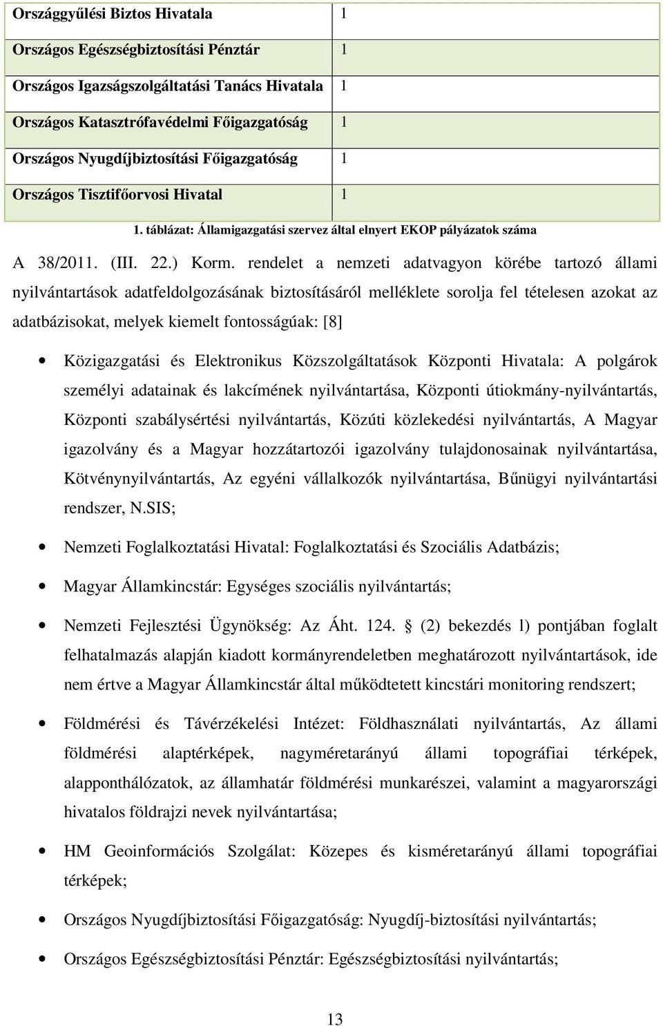 rendelet a nemzeti adatvagyon körébe tartozó állami nyilvántartások adatfeldolgozásának biztosításáról melléklete sorolja fel tételesen azokat az adatbázisokat, melyek kiemelt fontosságúak: [8]