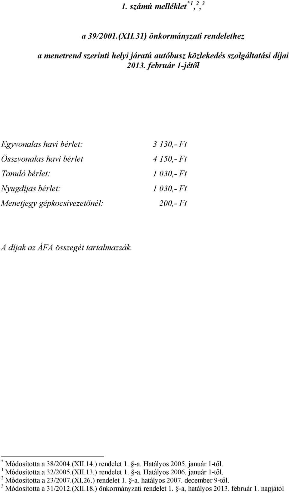 Ft A díjak az ÁFA összegét tartalmazzák. * Módosította a 38/2004.(XII.14.) rendelet 1. -a. Hatályos 2005. január 1-től. 1 Módosította a 32/2005.(XII.13.) rendelet 1. -a. Hatályos 2006.