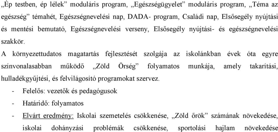 A környezettudatos magatartás fejlesztését szolgája az iskolánkban évek óta egyre színvonalasabban működő Zöld Örség folyamatos munkája, amely takarítási,