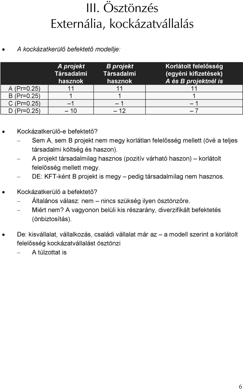 Sem A, sem B projekt nem megy korlátlan felelősség mellett (övé a teljes társadalmi költség és haszon). A projekt társadalmilag hasznos (pozitív várható haszon) korlátolt felelősség mellett megy.