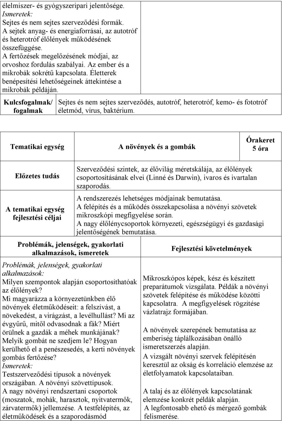 Kulcs/ Sejtes és nem sejtes szerveződés, autotróf, heterotróf, kemo- és fototróf életmód, vírus, baktérium. A növények és a gombák 5 óra Milyen szempontok alapján csoportosíthatóak az élőlények?