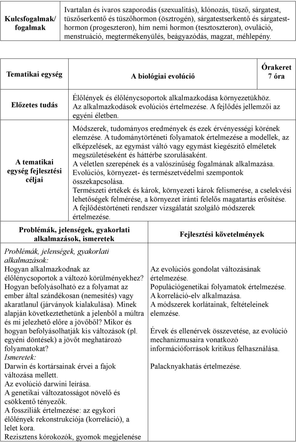 A biológiai evolúció 7 óra A tematikai egység fejlesztési céljai Élőlények és élőlénycsoportok alkalmazkodása környezetükhöz. Az alkalmazkodások evolúciós A fejlődés jellemzői az egyéni életben.