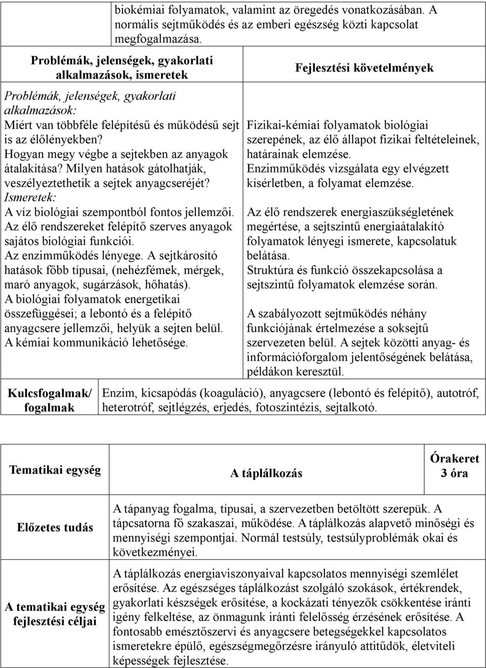 A víz biológiai szempontból fontos jellemzői. Az élő rendszereket felépítő szerves anyagok sajátos biológiai funkciói. Az enzimműködés lényege.