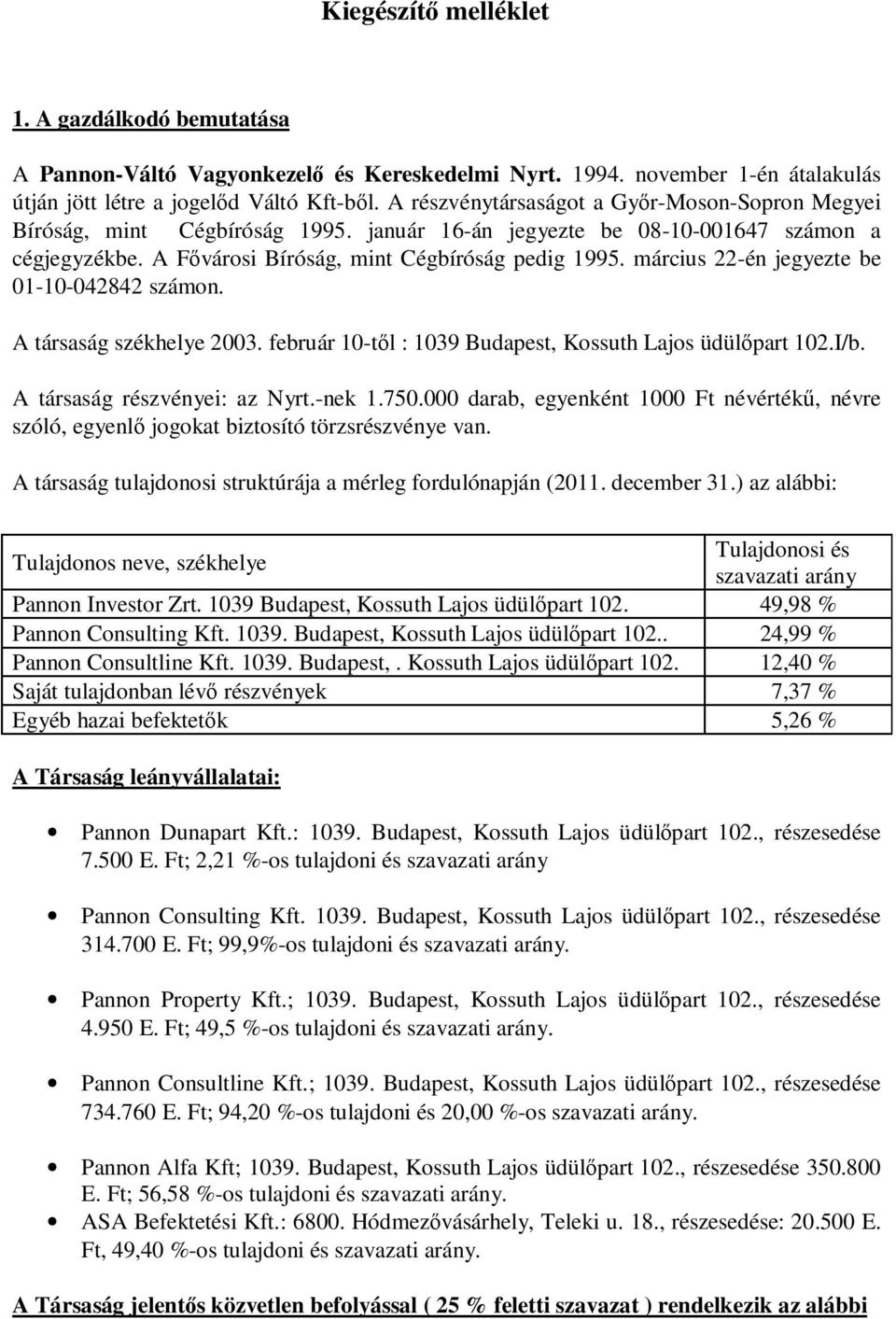 március 22-én jegyezte be 01-10-042842 számon. A társaság székhelye 2003. február 10-tıl : 1039 Budapest, Kossuth Lajos üdülıpart 102.I/b. A társaság részvényei: az Nyrt.-nek 1.750.