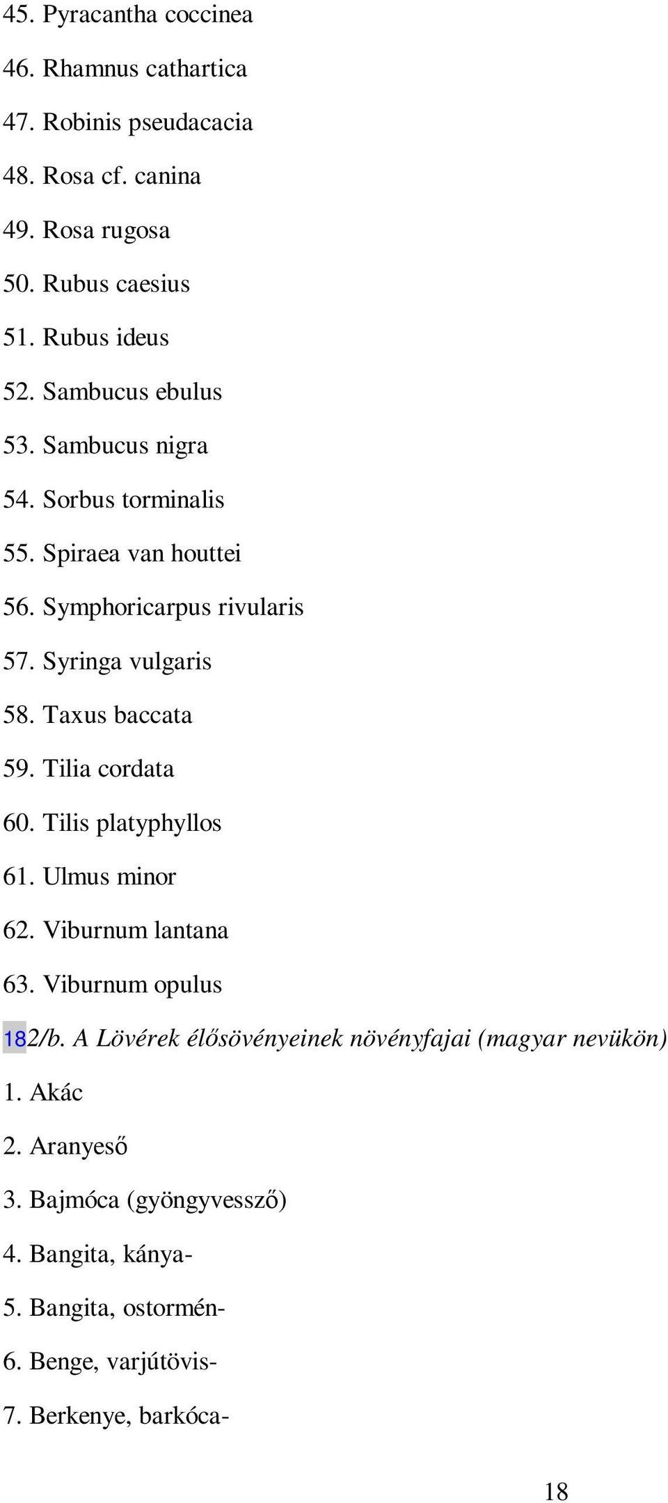 Taxus baccata 59. Tilia cordata 60. Tilis platyphyllos 61. Ulmus minor 62. Viburnum lantana 63. Viburnum opulus 182/b.