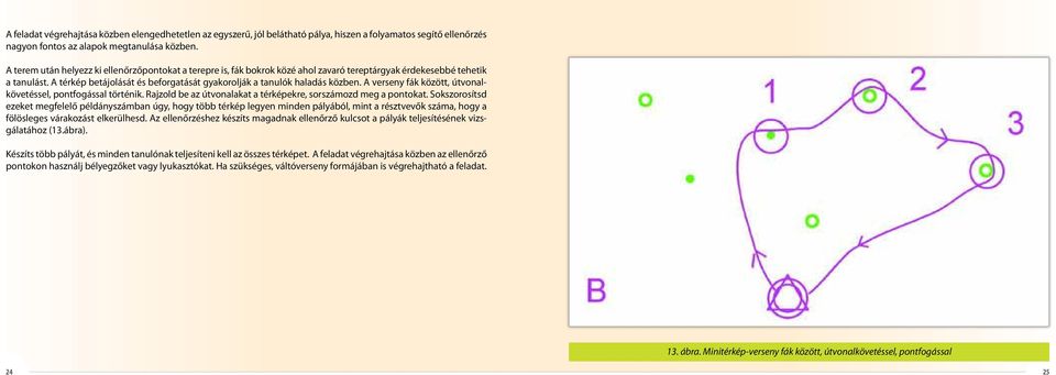 A térkép betájolását és beforgatását gyakorolják a tanulók haladás közben. A verseny fák között, útvonalkövetéssel, pontfogással történik.