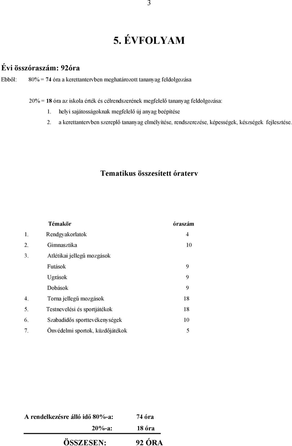 a kerettantervben szereplő tananyag elmélyítése, rendszerezése, képességek, készségek fejlesztése. Tematikus összesített óraterv Témakör óraszám 1. Rendgyakorlatok 4 2.