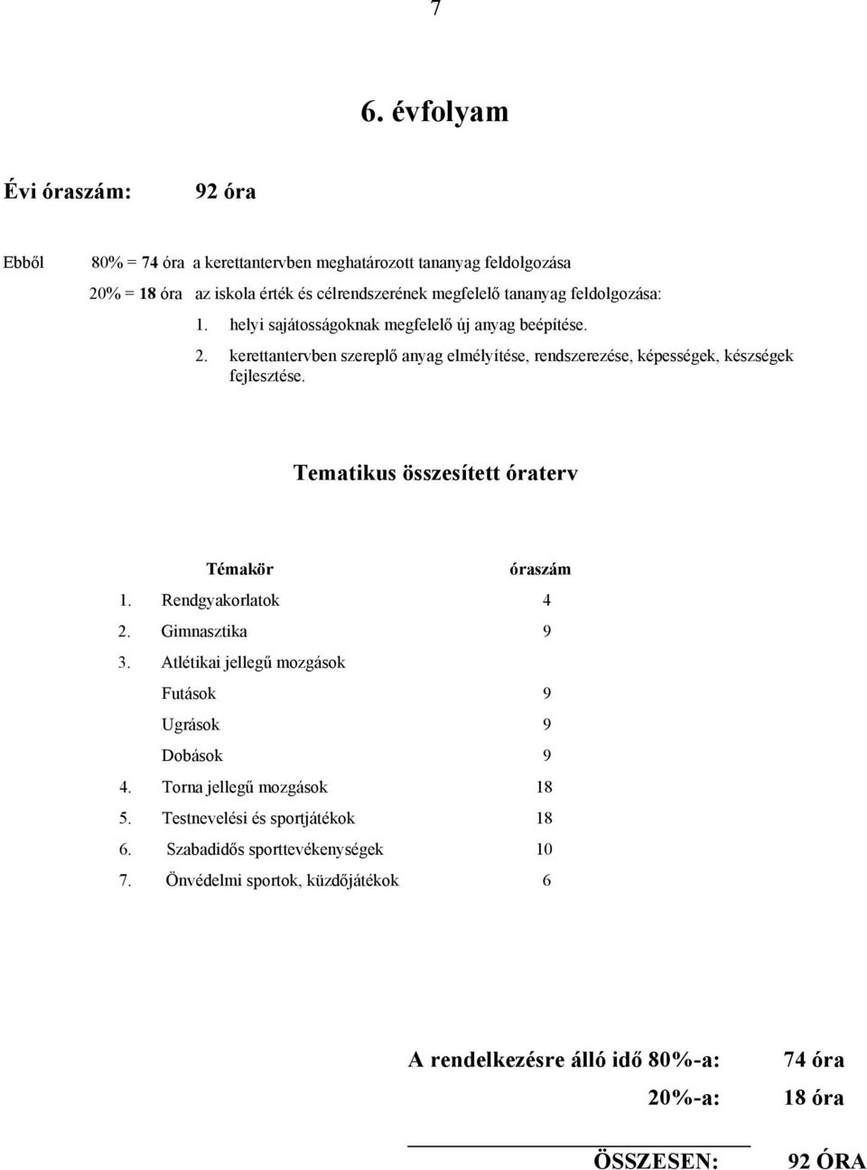 kerettantervben szereplő anyag elmélyítése, rendszerezése, képességek, készségek fejlesztése. Tematikus összesített óraterv Témakör óraszám 1. Rendgyakorlatok 4 2.