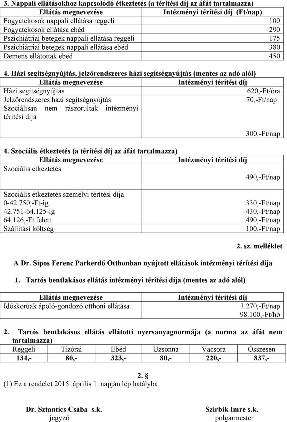 Házi segítségnyújtás, jelzőrendszeres házi segítségnyújtás (mentes az adó alól) Ellátás megnevezése Intézményi térítési díj Házi segítségnyújtás 620,-Ft/óra Jelzőrendszeres házi segítségnyújtás