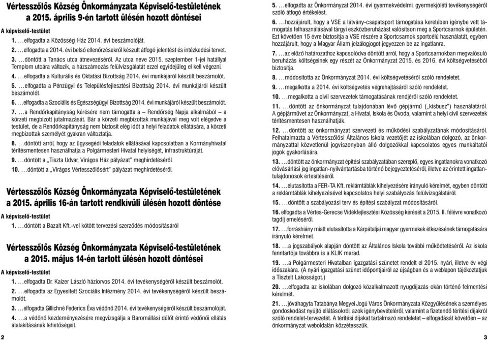 szeptember 1-jei hatállyal Templom utcára változik, a házszámozás felülvizsgálatát ezzel egyidejűleg el kell végezni. 4. elfogadta a Kulturális és Oktatási Bizottság 2014.