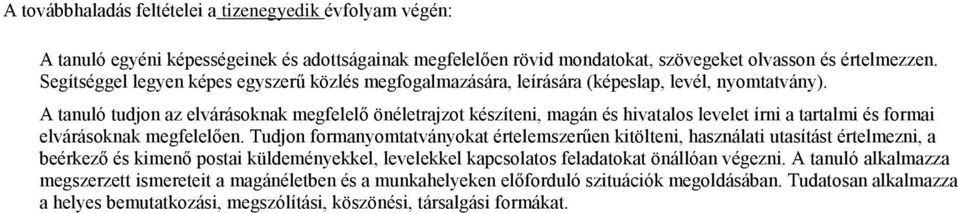 A tanuló tudjon az elvárásoknak megfelelő önéletrajzot készíteni, magán és hivatalos levelet írni a tartalmi és formai elvárásoknak megfelelően.