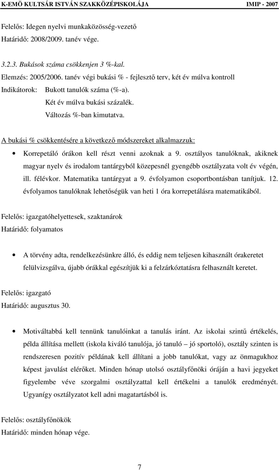 A bukási % csökkentésére a következı módszereket alkalmazzuk: Korrepetáló órákon kell részt venni azoknak a 9.