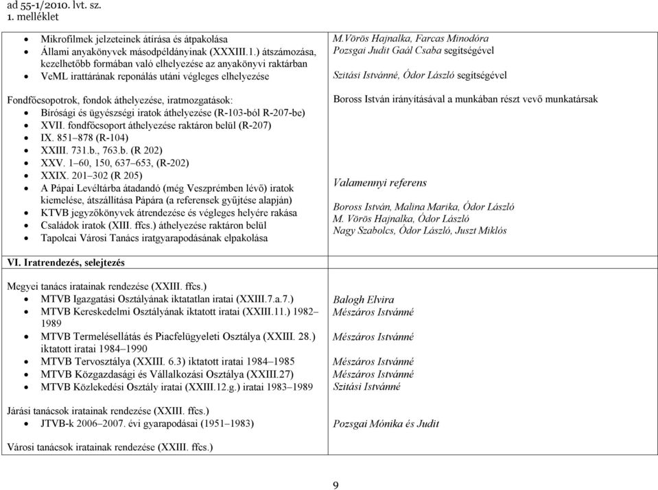 VeML irattárának reponálás utáni végleges elhelyezése Fondfőcsopotrok, fondok áthelyezése, iratmozgatások: Bírósági és ügyészségi iratok áthelyezése (R-103-ból R-207-be) XVII.