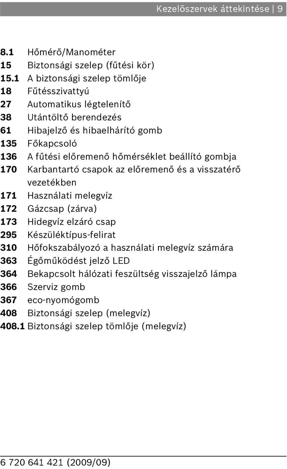 hőmérséklet beállító gombja 70 Karbantartó csapok az előremenő és a visszatérő vezetékben 7 Használati melegvíz 7 Gázcsap (zárva) 73 Hidegvíz elzáró csap 95