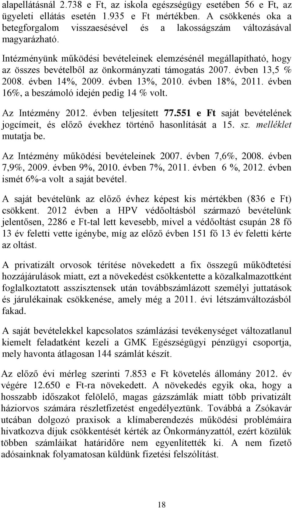 Intézményünk működési bevételeinek elemzésénél megállapítható, hogy az összes bevételből az önkormányzati támogatás 2007. évben 13,5 % 2008. évben 14%, 2009. évben 13%, 2010. évben 18%, 2011.