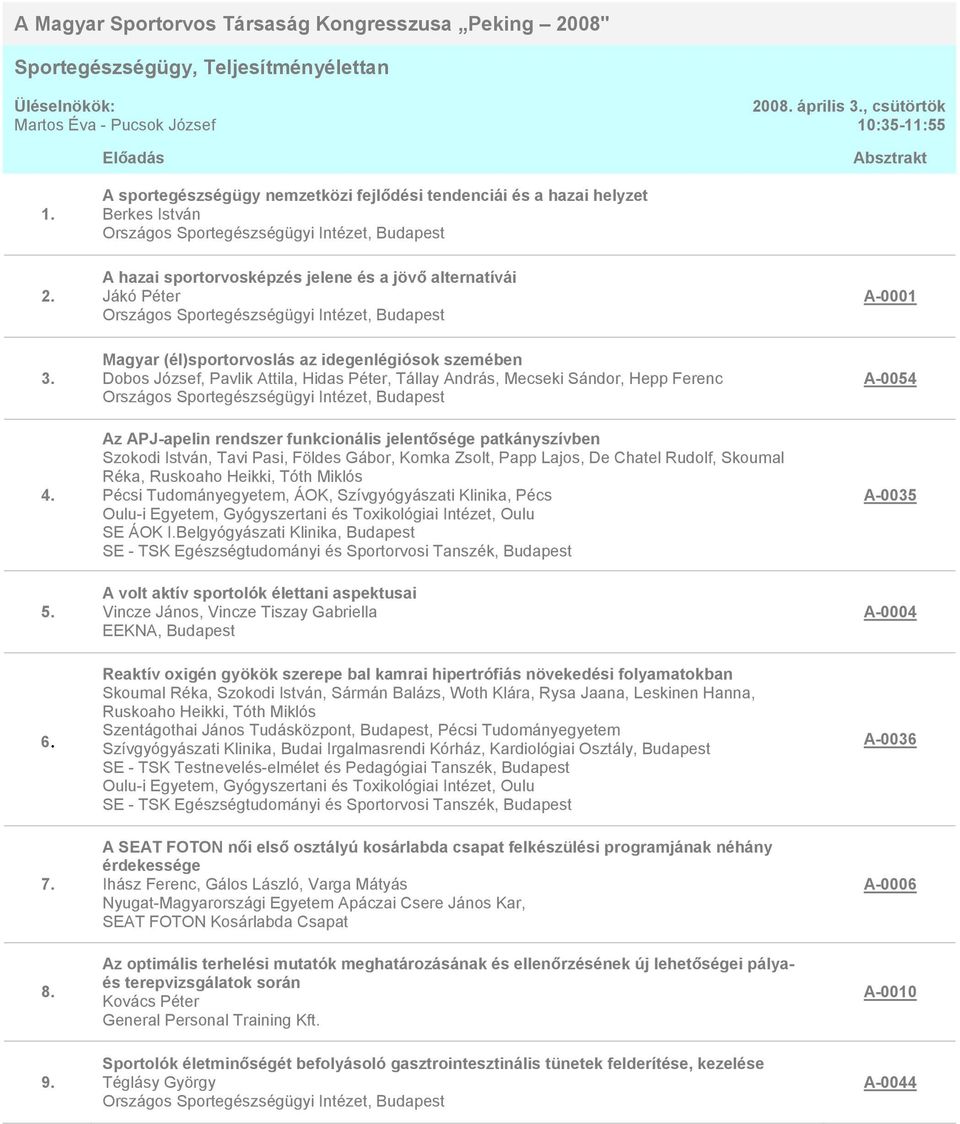 (él)sportorvoslás az idegenlégiósok szemében Dobos József, Pavlik Attila, Hidas Péter, Tállay András, Mecseki Sándor, Hepp Ferenc A-0054 Az APJ-apelin rendszer funkcionális jelentősége patkányszívben