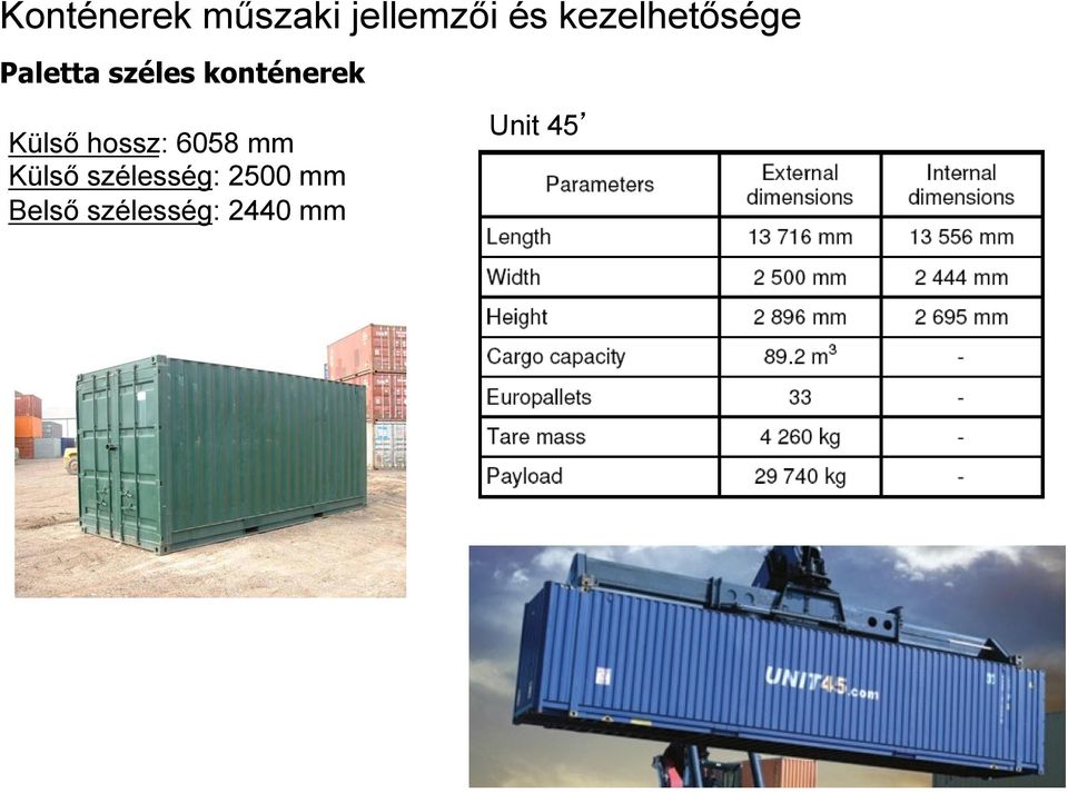 konténerek Külső hossz: 6058 mm Külső