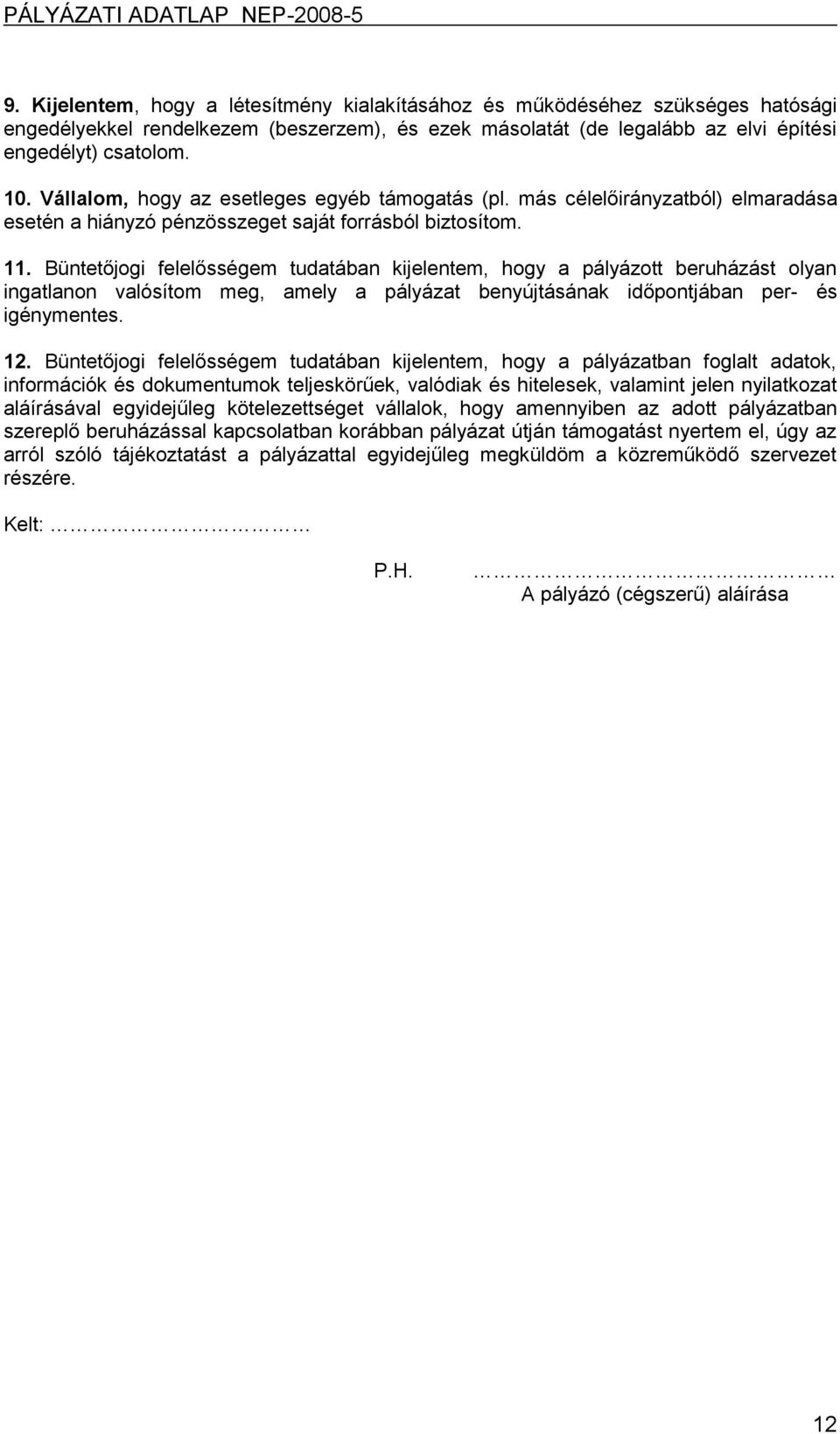 Büntetőjogi felelősségem tudatában kijelentem, hogy a pályázott beruházást olyan ingatlanon valósítom meg, amely a pályázat benyújtásának időpontjában per- és igénymentes. 12.